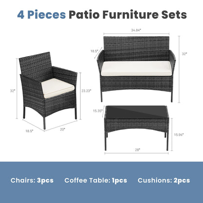 4pc Outdoor Wicker Furniture Set w/Soft Cushion and Glass Table