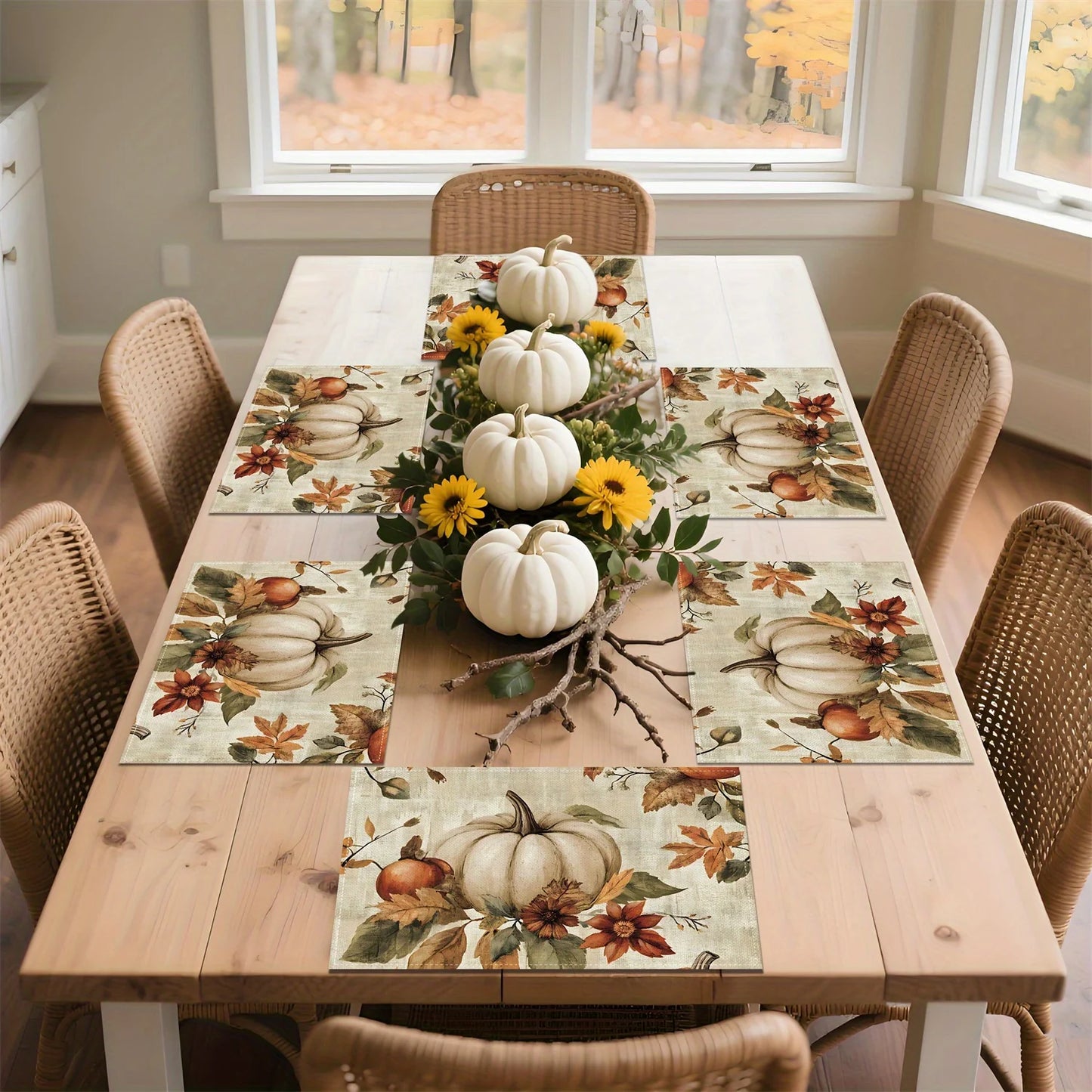 Fall Thanksgiving 4/ 6pcs Vintage Pumpkin Flowers Leaves Placemats 12"x18"