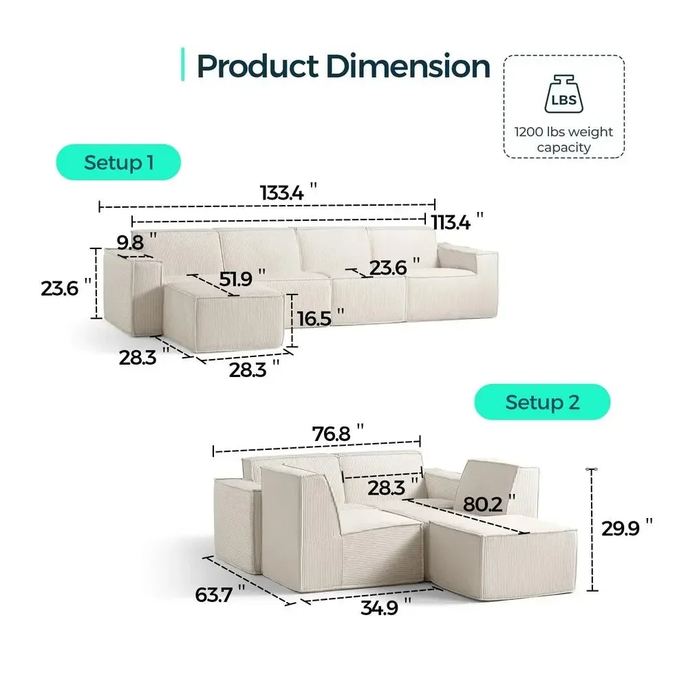 L Shaped 4 Seat Sectional Sofa, 134" Boneless Couch w/Movable Ottoman, Corduroy