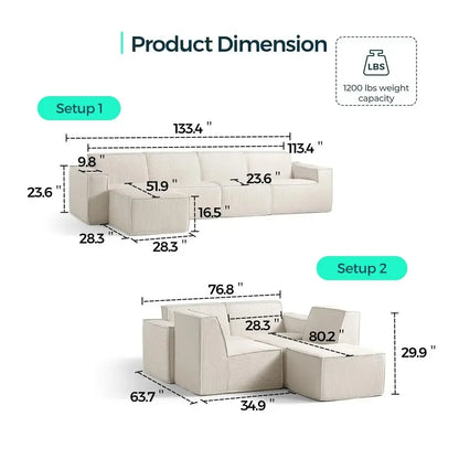L Shaped 4 Seat Sectional Sofa, 134" Boneless Couch w/Movable Ottoman, Corduroy