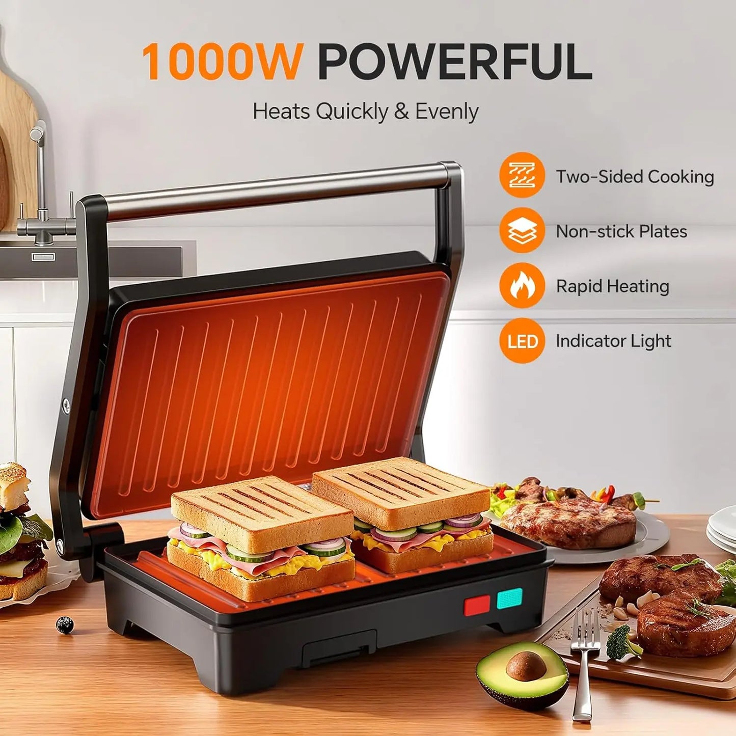 1000W Electric Grill Sandwich Press, Non-Stick Plates,