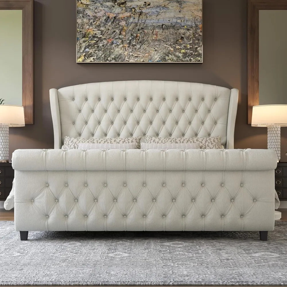 California King Sleigh Platform Bed Frame, Upholstered Headboard & Footboard