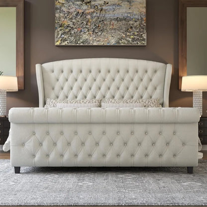 California King Sleigh Platform Bed Frame, Upholstered Headboard & Footboard