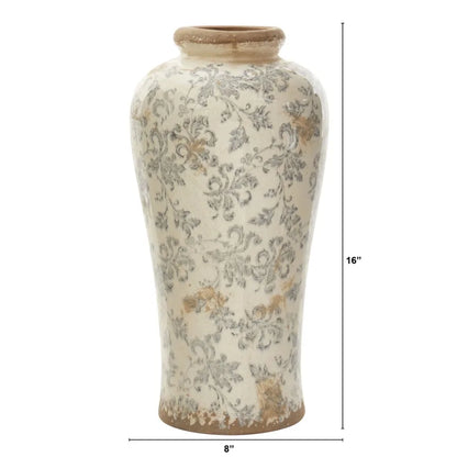 16in. Tuscan Ceramic Floral Scroll Urn Vase