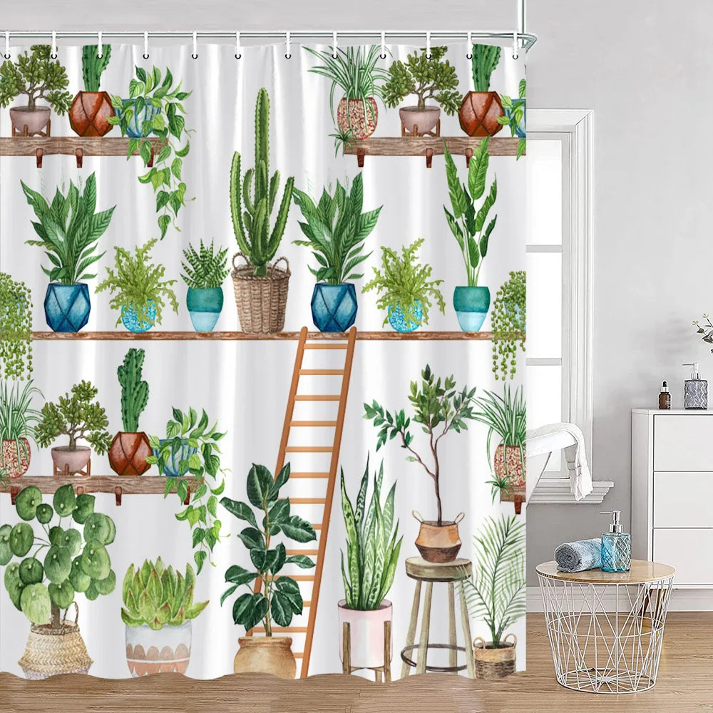 Cute Greenery Print Shower Curtain with Hooks