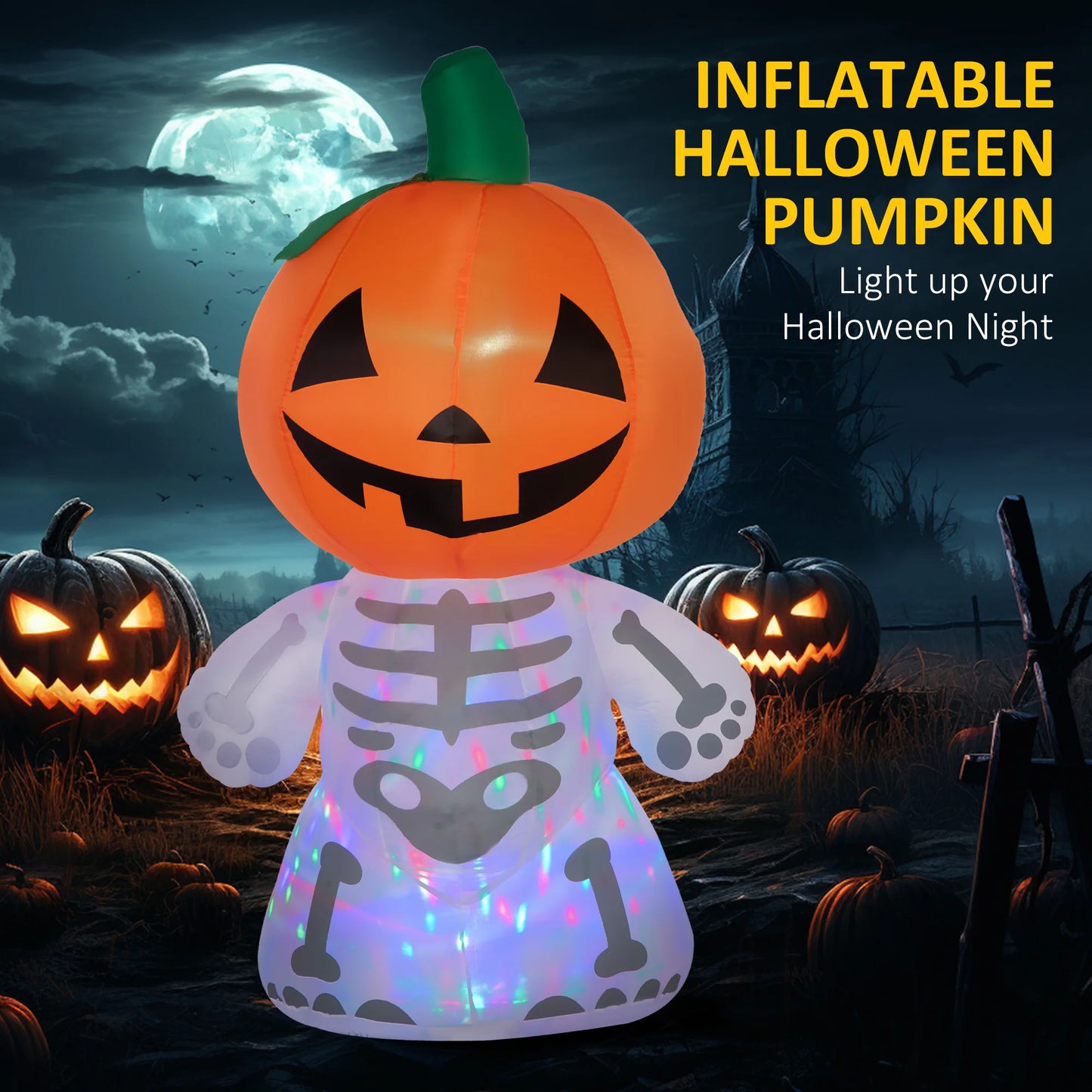6ft Halloween Outdoor Inflatables, Smiling Skeleton Ghost with Pumpkin Head