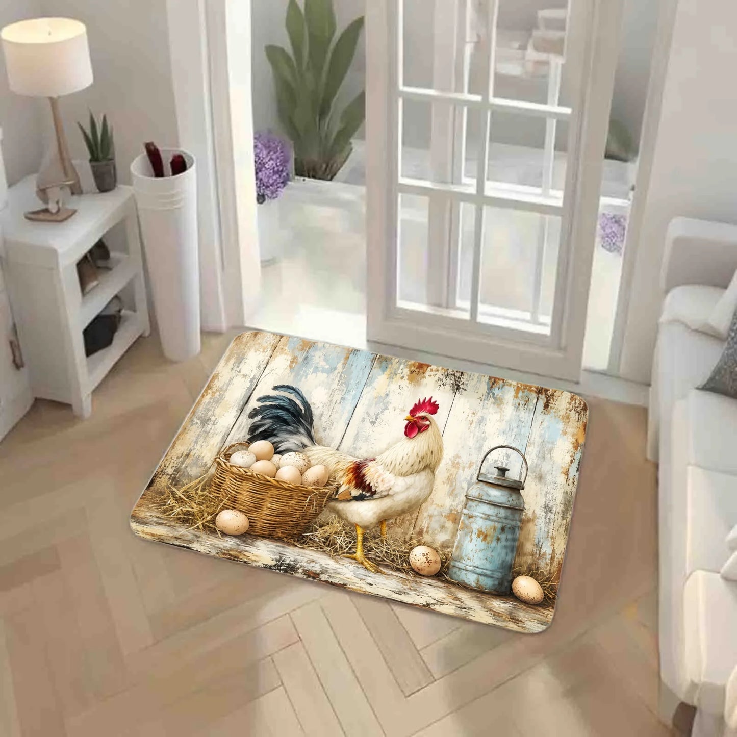 3pc Rustic Farmhouse Kitchen Rugs, Rooster, Chicken, Basket Pattern,