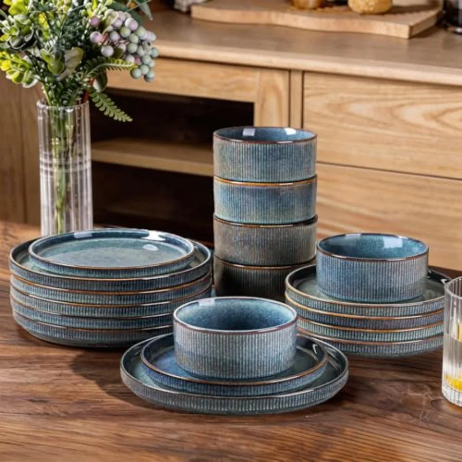 12pc Scratch-Resistant, Stoneware Set (4), Ribbed Ceramic Plates and Bowls