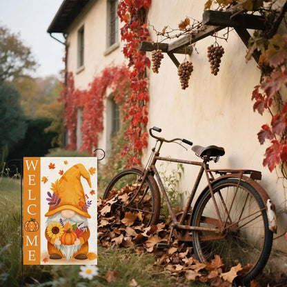 Welcome Fall Gnome Garden Flag 12"x18", Autumn Leaves, Pumpkin, Double-Side