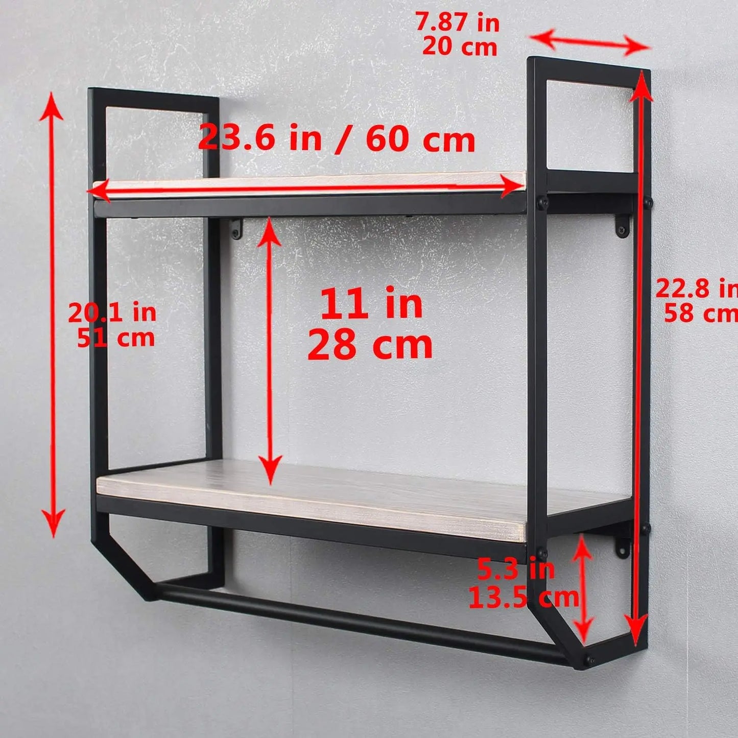 2-Tier Rustic White Metal Wall Towel Rack, Shelf, 23.6"
