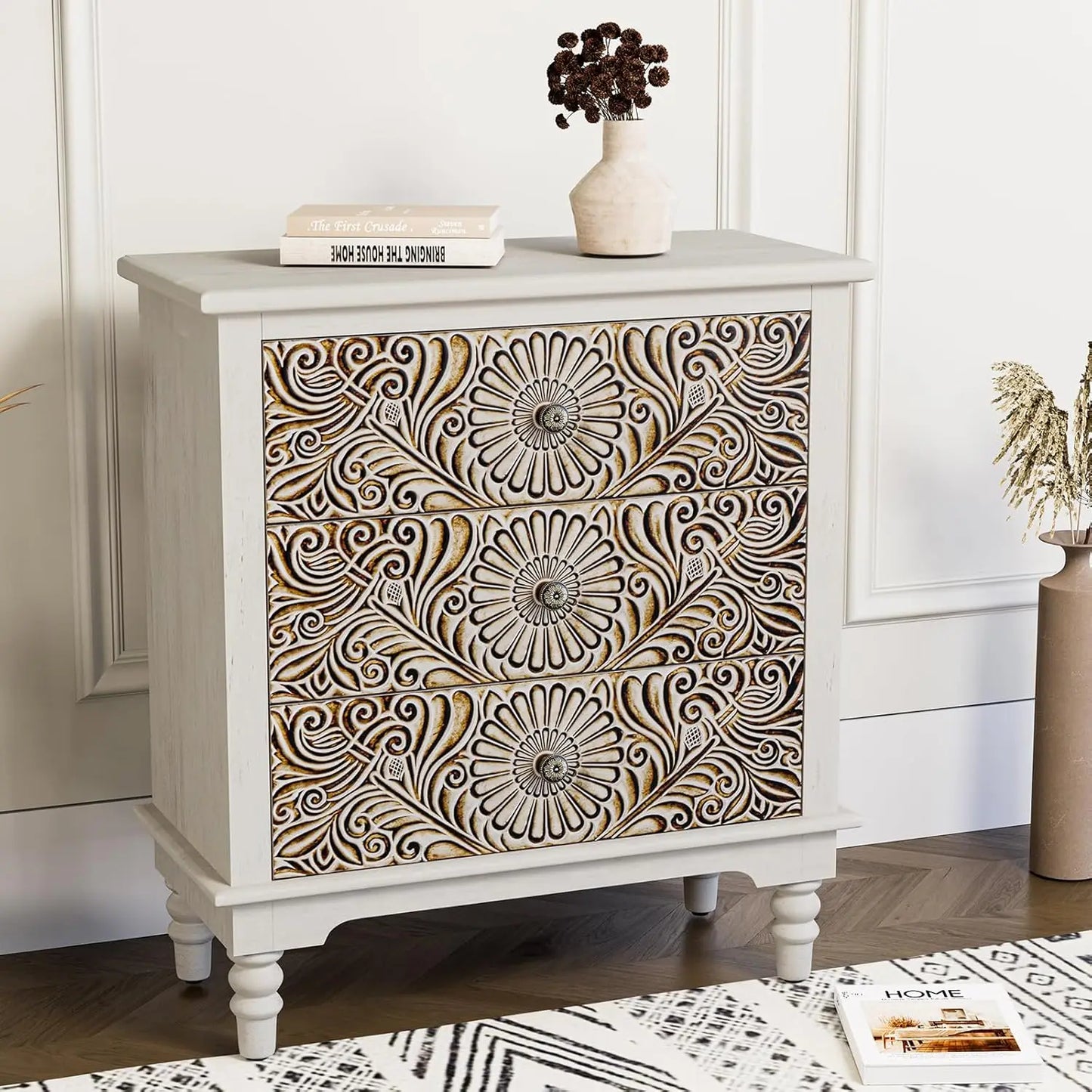 Flower Motif Nightstand w/Drawer & Storage, Fully-Assembled