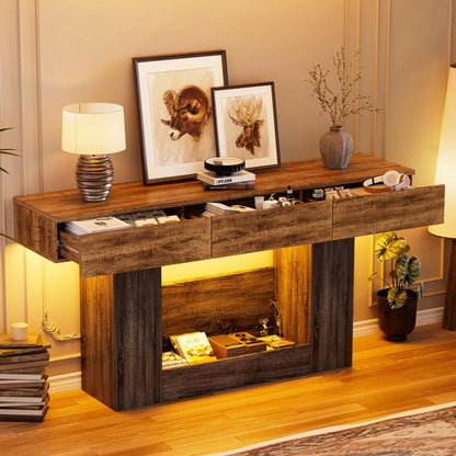 63" Console Rectangular Sofa Table w/Colorful LED Lights and 3 Drawers