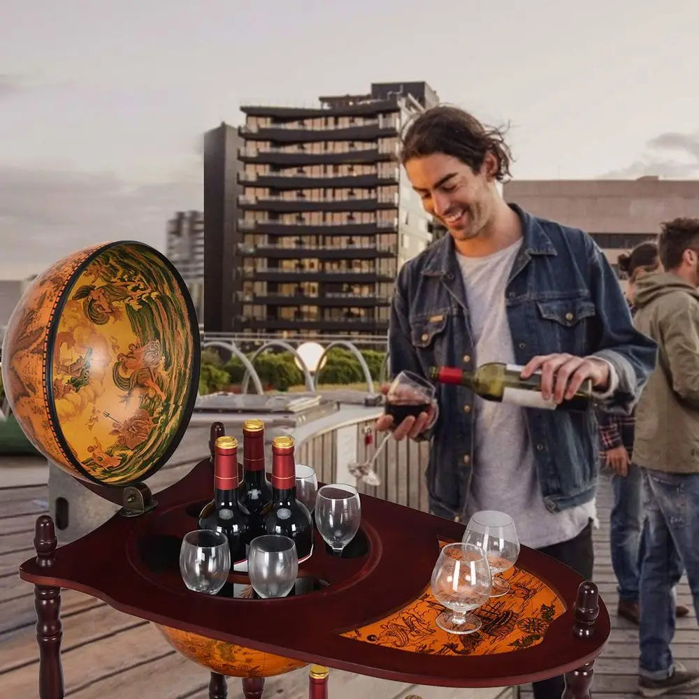 34.5" H, Wine Globe Bar Stand, Wood with Wheels,