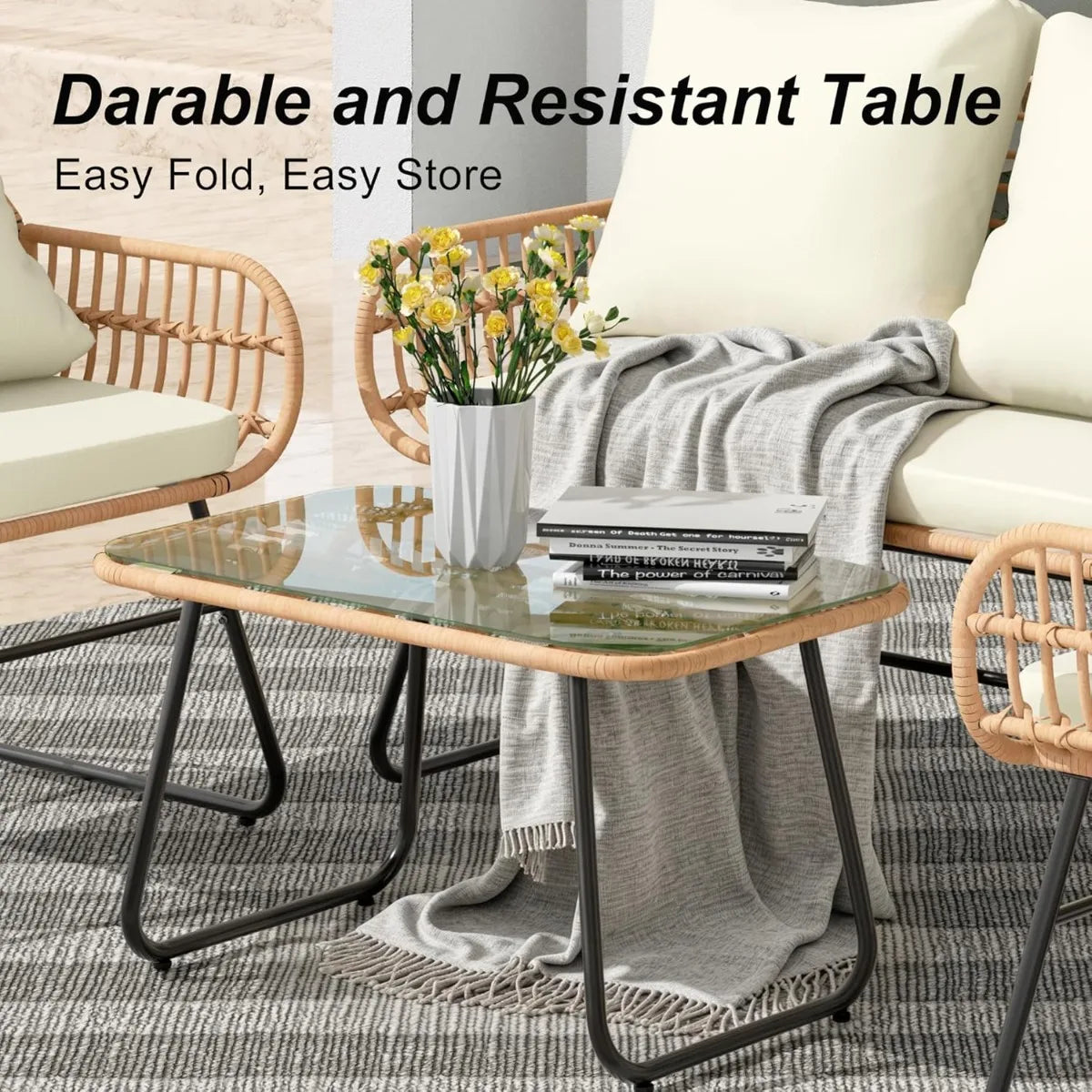 4pc Wicker Outdoor Furniture Set w/Cushions & Tempered Glass Table