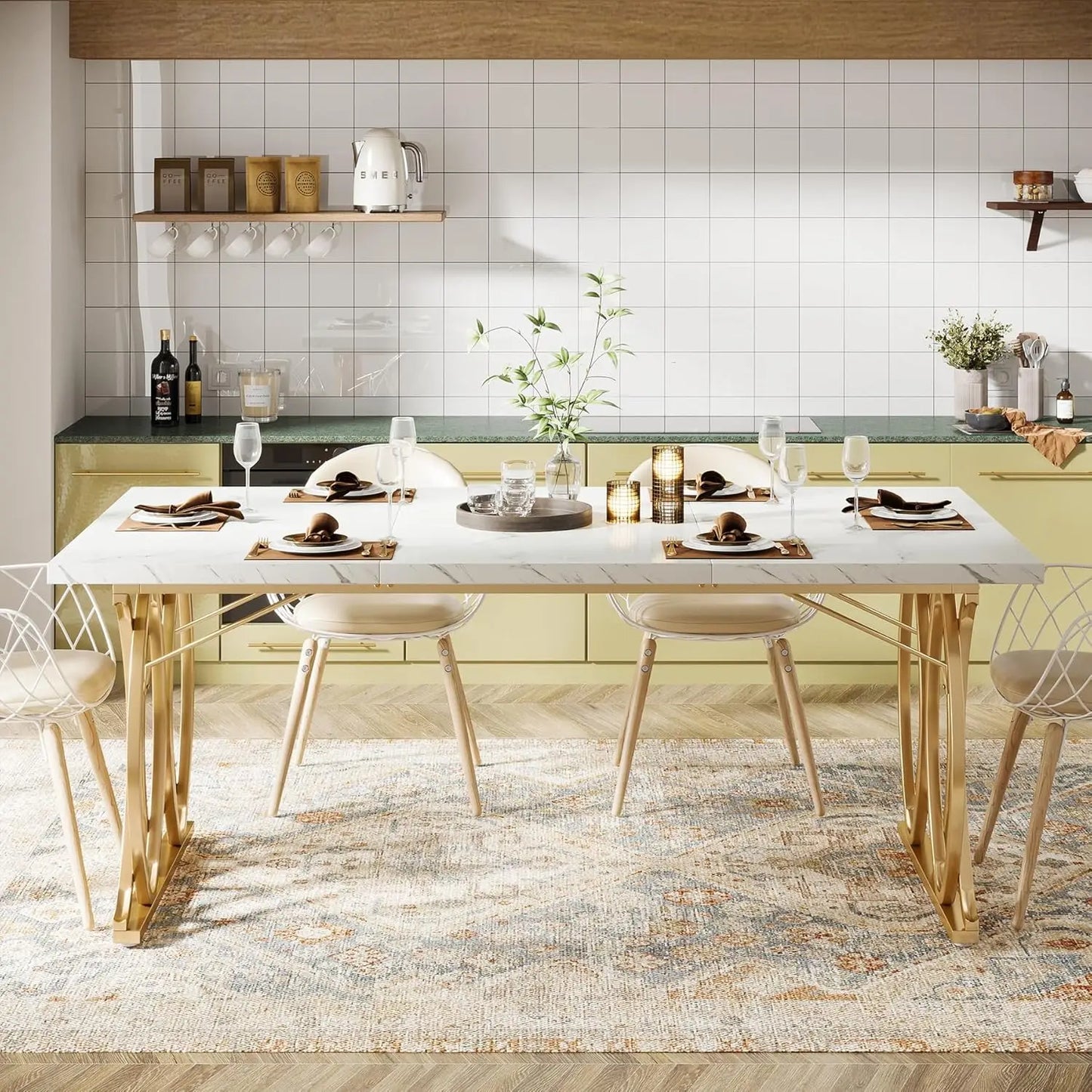 Unique Modern Rectangular Dining Table for 4-6 People, Chairs NI