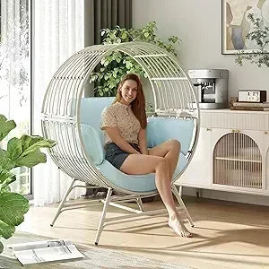 Oversized Wicker Rattan Chair w/Thick Cushion, 350LBS Capacity