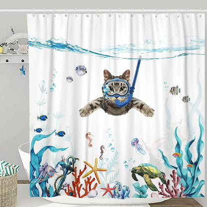 Cool Cat Riding Shark Seagull on Ocean Sea Blue Waves