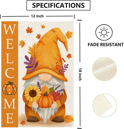 Welcome Fall Gnome Garden Flag 12"x18", Autumn Leaves, Pumpkin, Double-Side