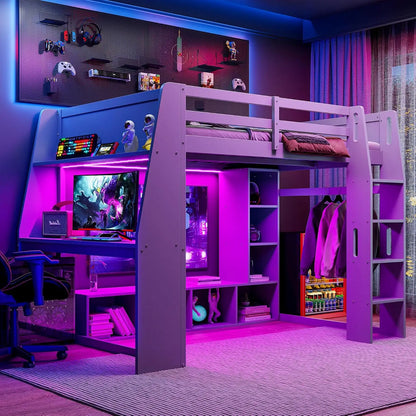 Full Wood Gaming Loft, Bed, Desk, Storage Shelves, LED, Charging