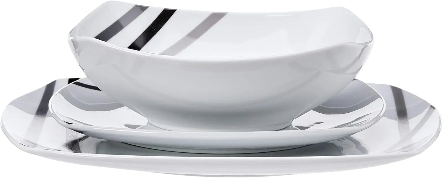 18pc Square Dinnerware Modern Beams Plates, Bowls, (6) Sets