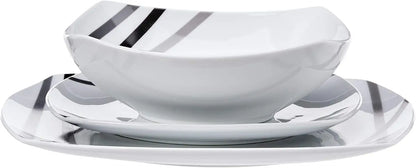 18pc Square Dinnerware Modern Beams Plates, Bowls, (6) Sets