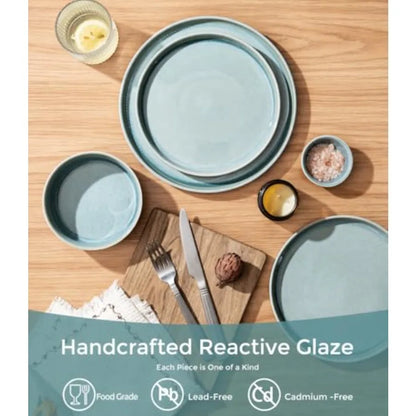 12pc Scratch-Resistant, Stoneware Set (4), Ribbed Ceramic Plates and Bowls