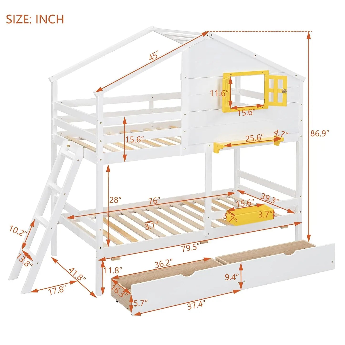 House Twin Over Twin Bunk Beds w/Storage Drawers & Shelf