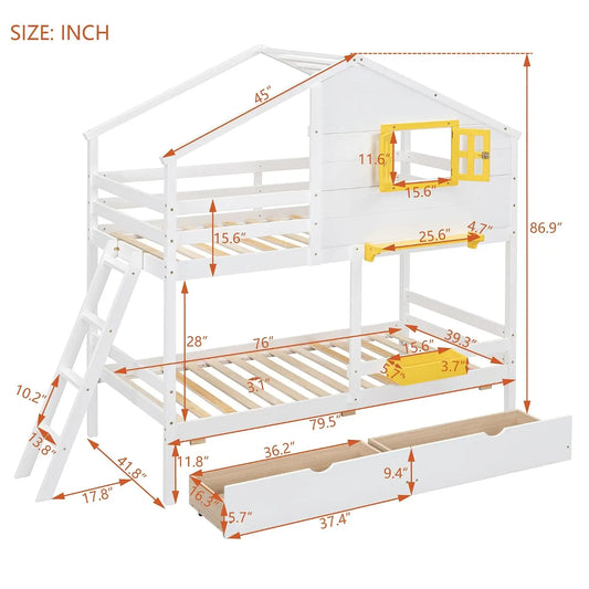 House Twin Over Twin Bunk Beds w/Storage Drawers & Shelf