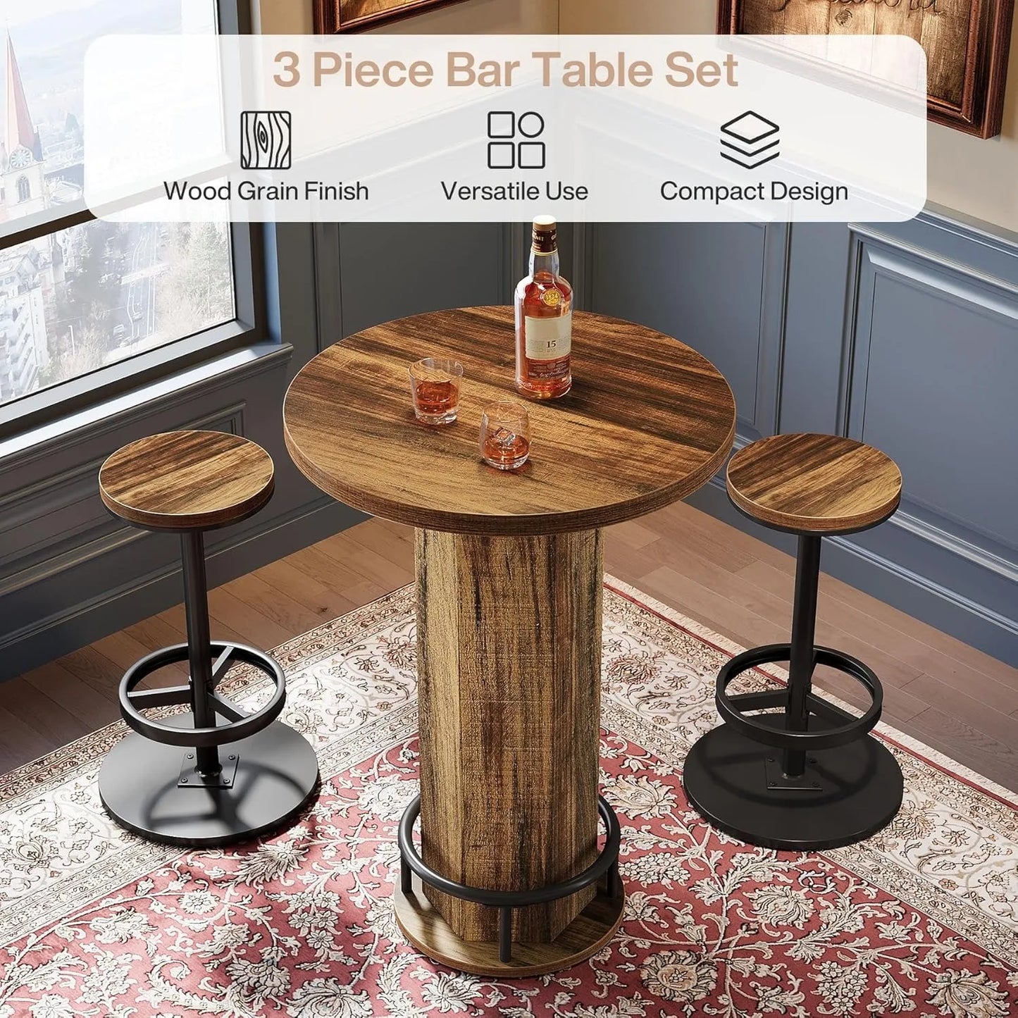 Round Bar Table, Bistro Set with 2 barstools