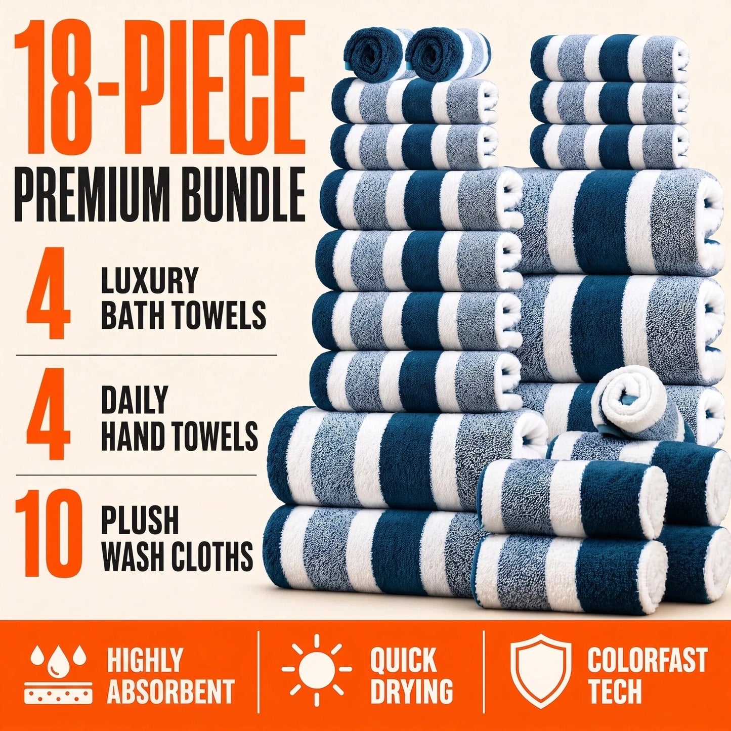 18pc Luxury Bath Towels Set - Quick-Dry Highly Absorbent Plush Soft Coral Fleece