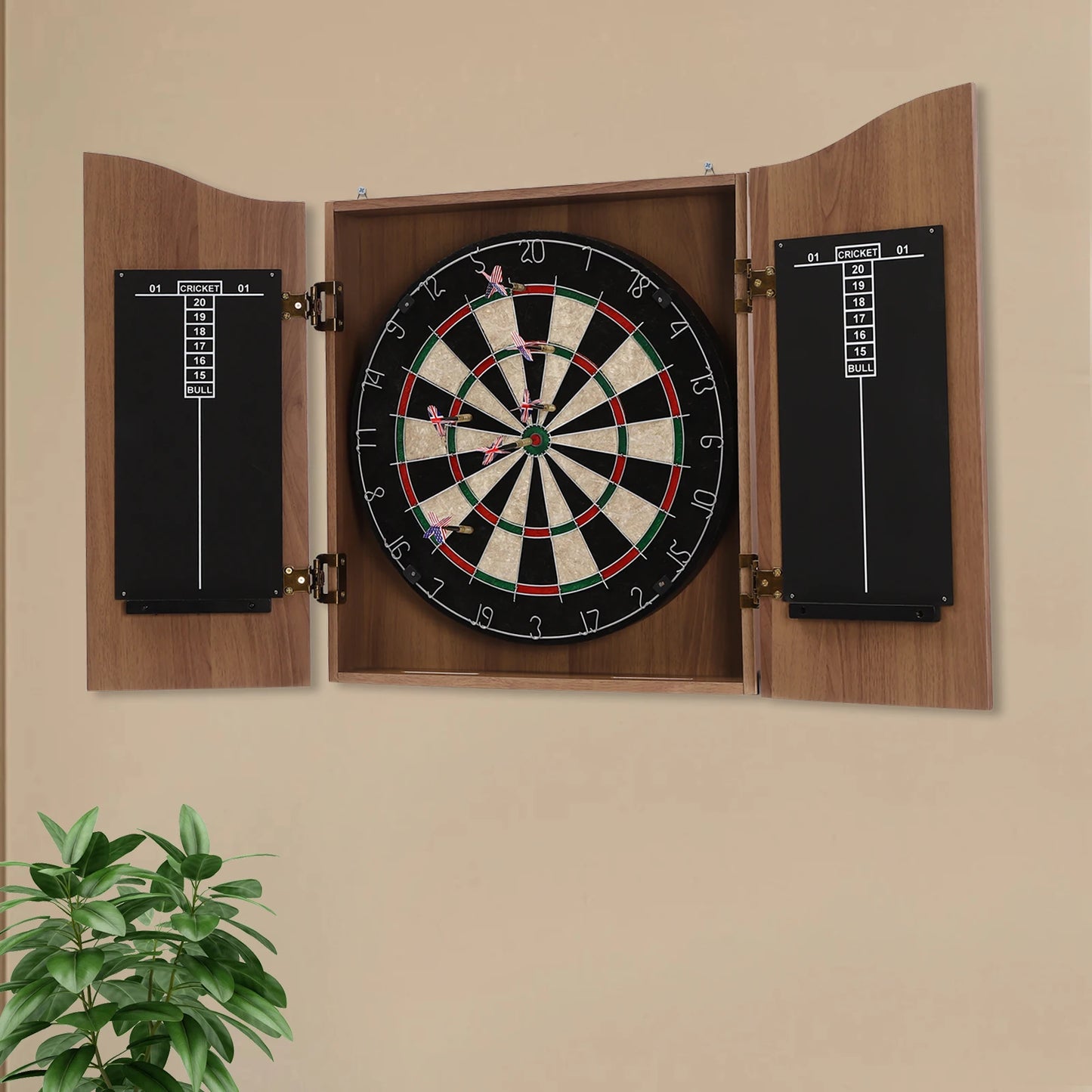 Classic Wall-Mounted Dartboard Cabinet, Set W/6* Darts