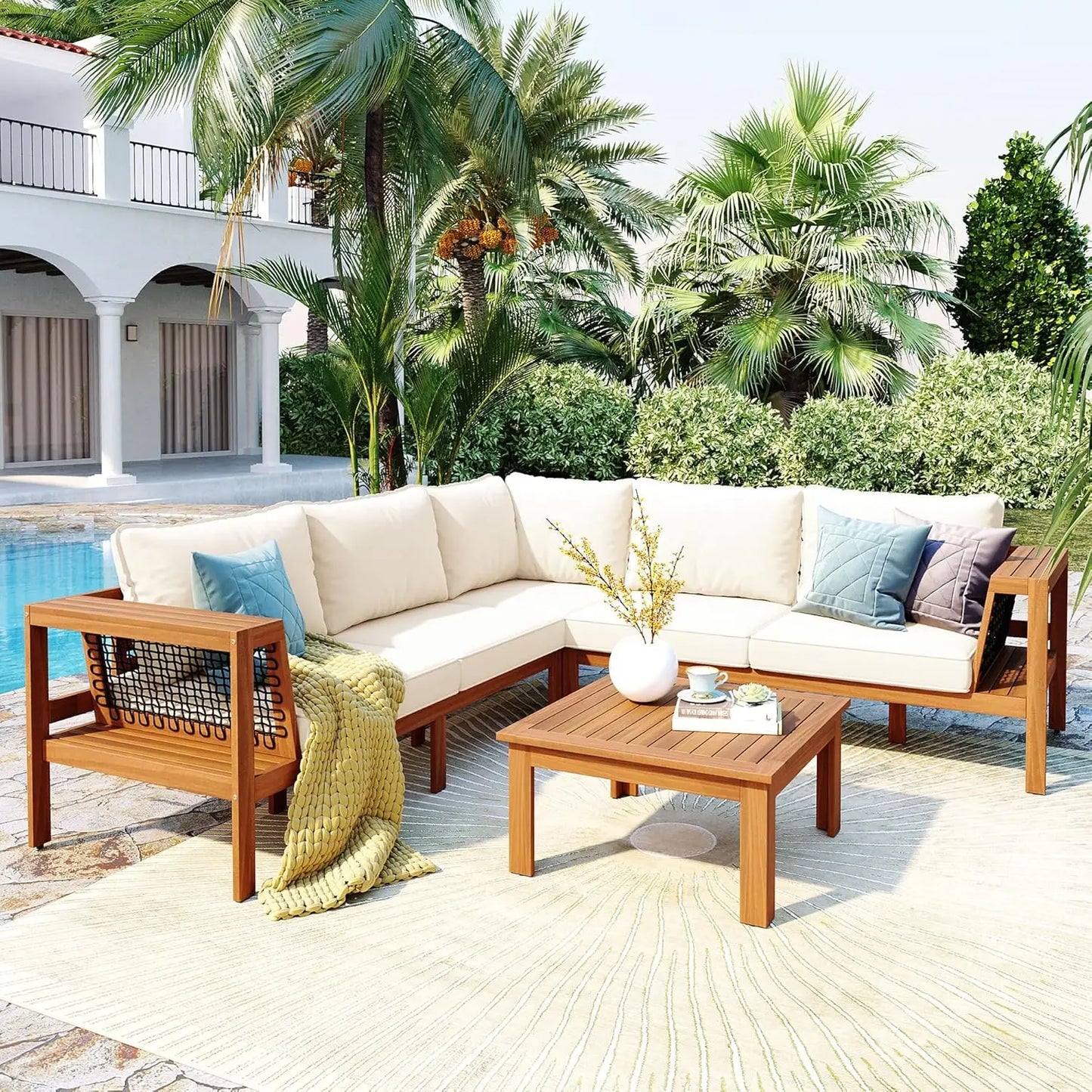 4 pc Acacia Wood Outdoor Sectional Slatted Sofa Set w/Cushions