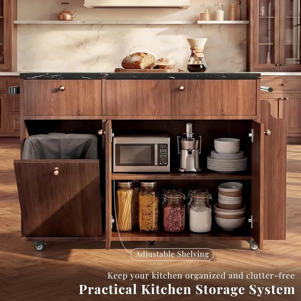Large 52" Rolling Kitchen Island w/Drop Leaf, Hidden Trash Can