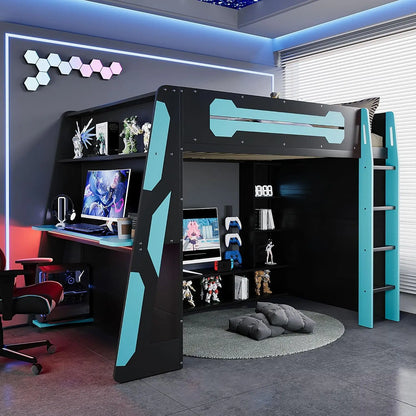 Full Wood Gaming Loft, Bed, Desk, Storage Shelves, LED, Charging
