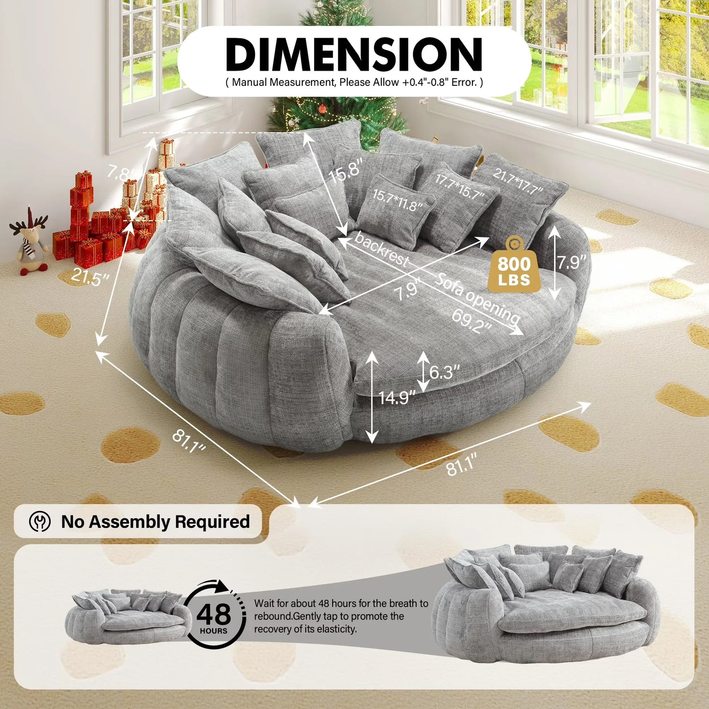 81.1" Oversized Round Chaise Lounge Chair with 14 Pillows, Modern Chenille