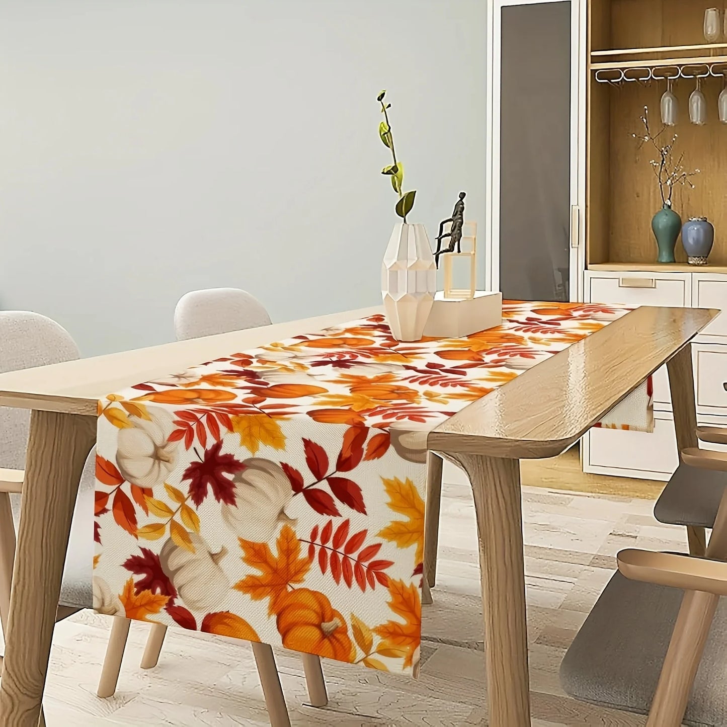 1pc (2 sizes) Autumn Table Runner, Thanksgiving Orange Brown and Yellow Fall Leaves White Pumpkins