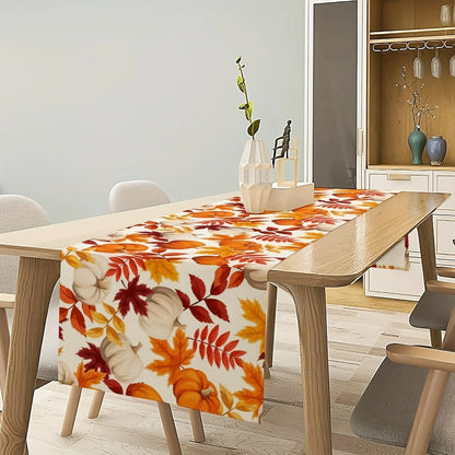 1pc (2 sizes) Autumn Table Runner, Thanksgiving Orange Brown and Yellow Fall Leaves White Pumpkins