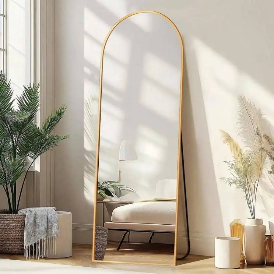 Arched Full Length Floor/Wall Mount Mirror, Gold 59x16.2 Inch