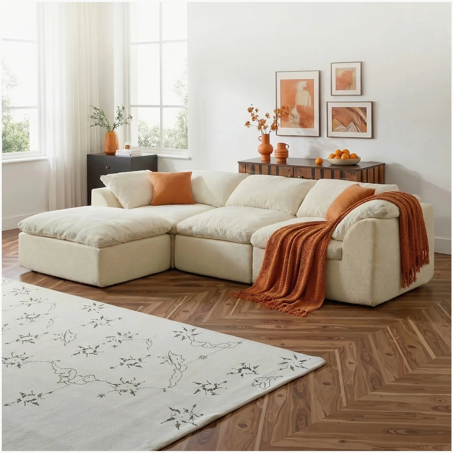L-Shaped Modular Sofa, Boneless Design, Ultra-Soft Comfort, Ottoman