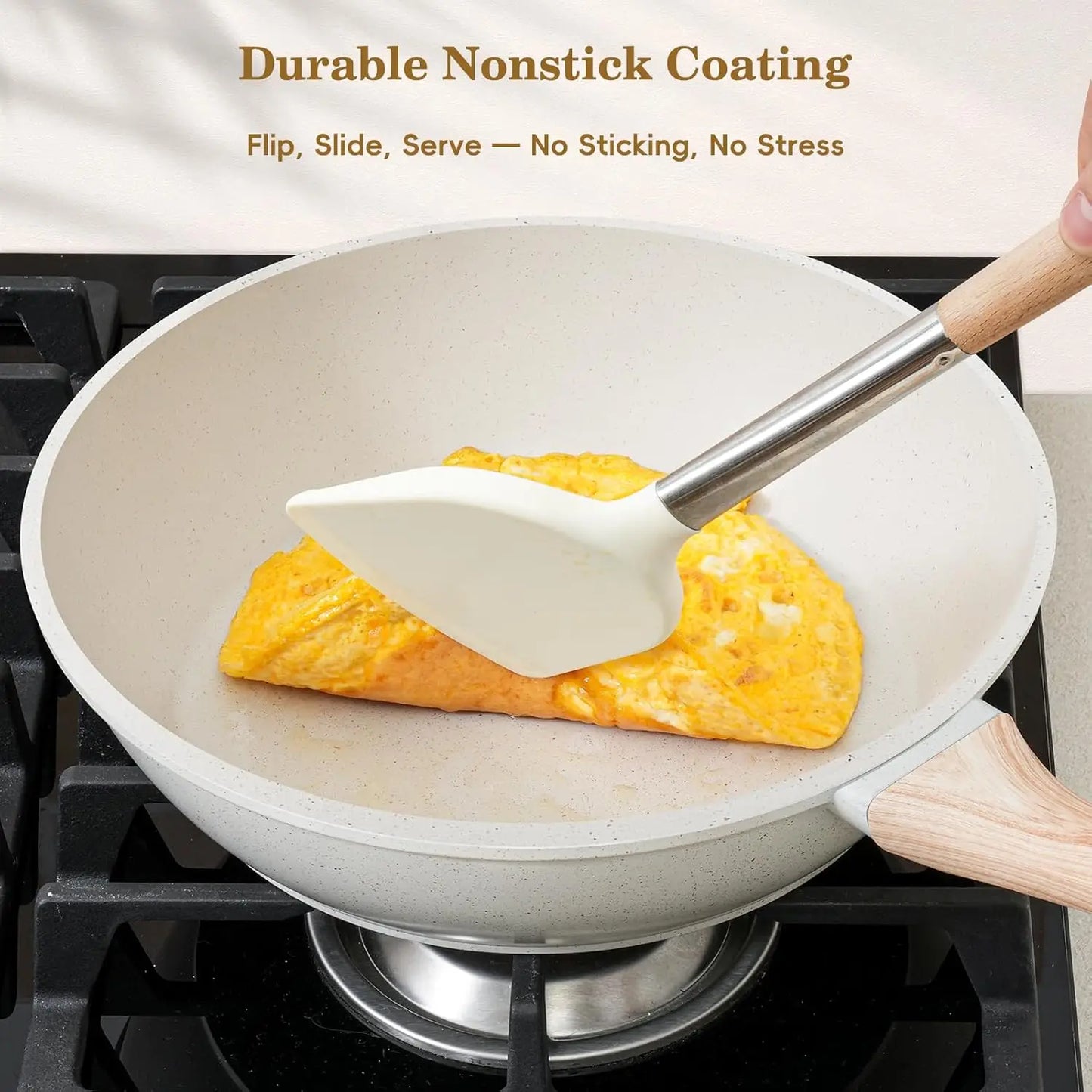 12pc White Granite Induction Pots and Pans, Non-Stick, Non-Toxic Cookware
