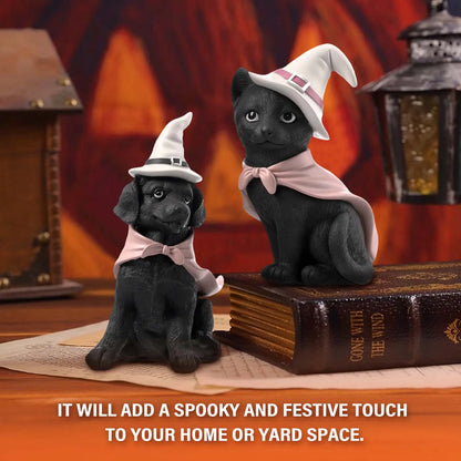 2pc Halloween Witch Hat, Black Cat and Dog Pet Figurine Set
