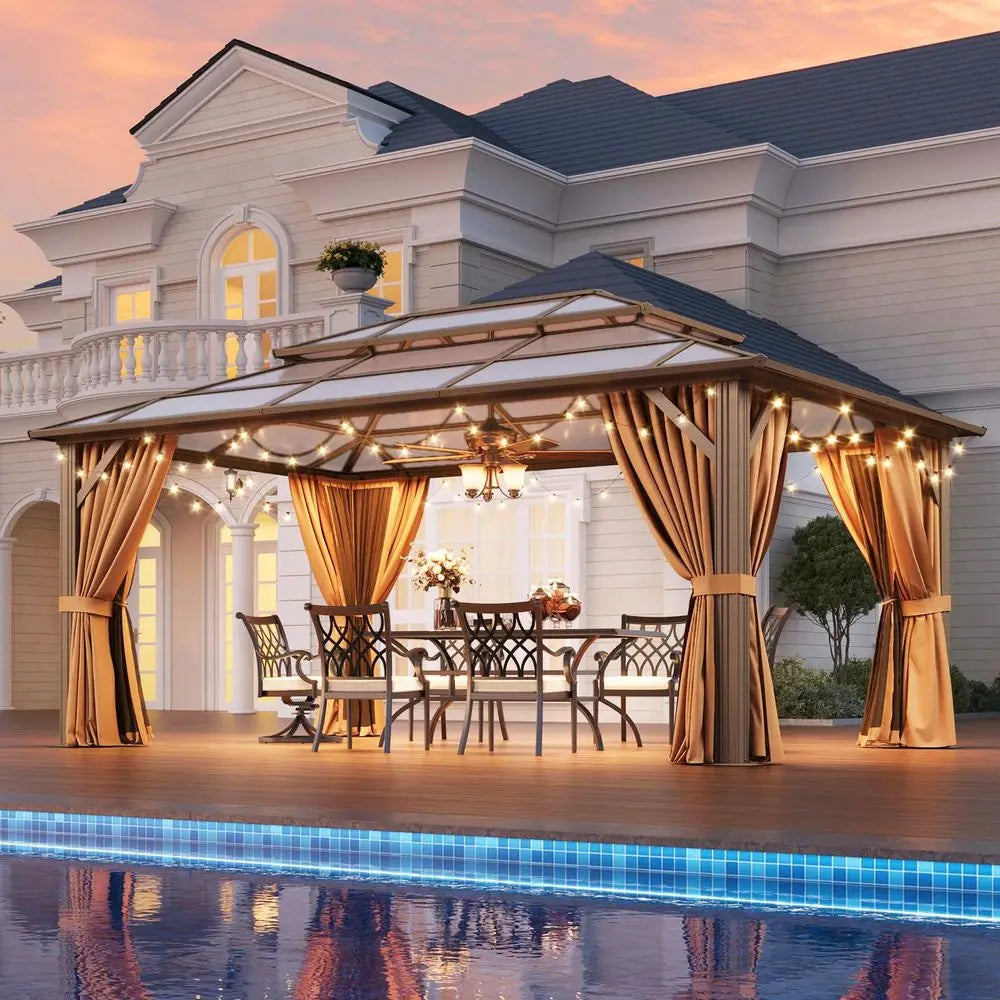 12x16 Outdoor Gazebo w/Double Polycarbonate Roof, Netting and Curtain