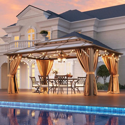 12x16 Outdoor Gazebo w/Double Polycarbonate Roof, Netting and Curtain