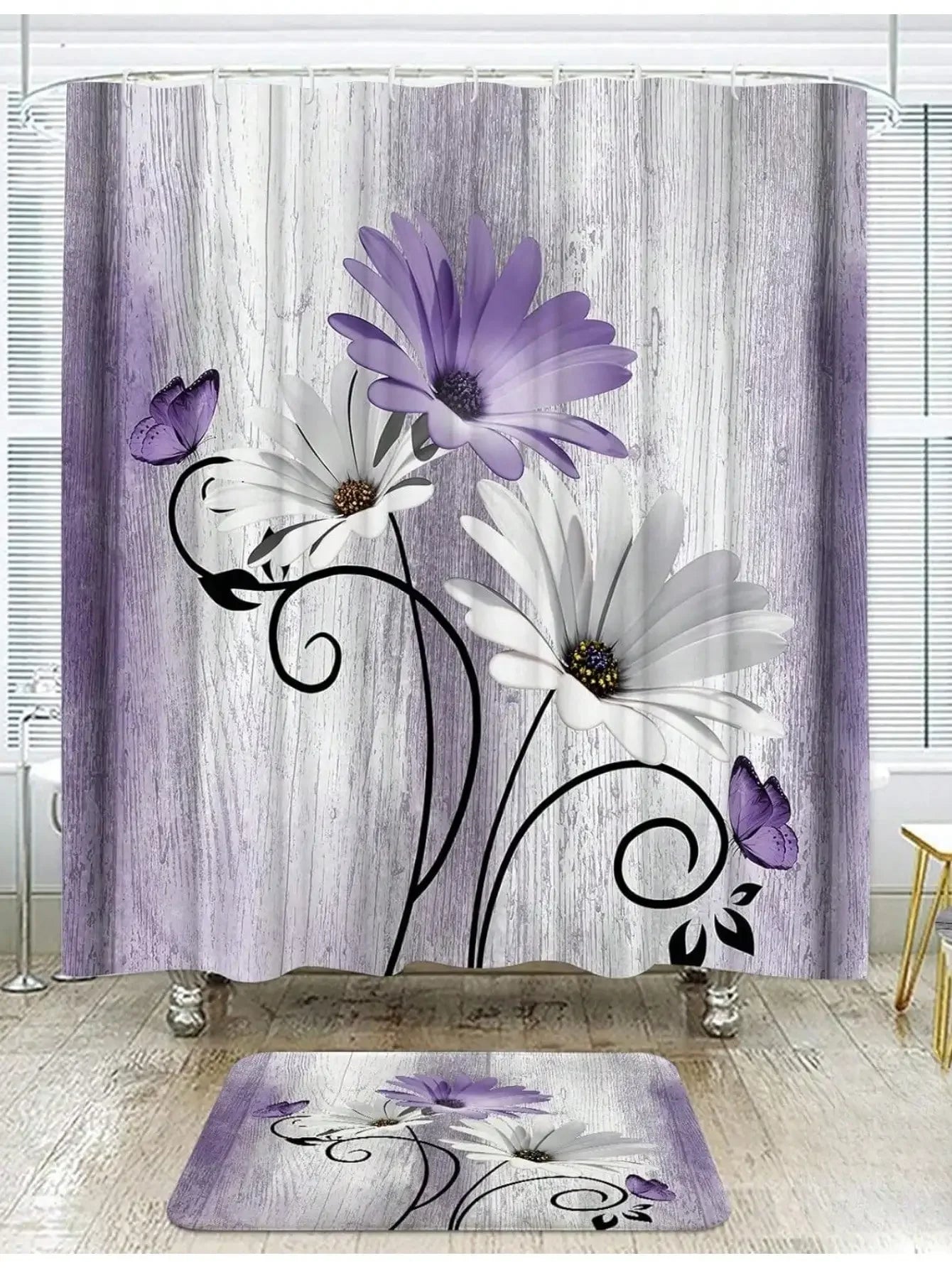 Floral Shower Curtain and Anti-Slip Bathroom Mat, Multi-Colors