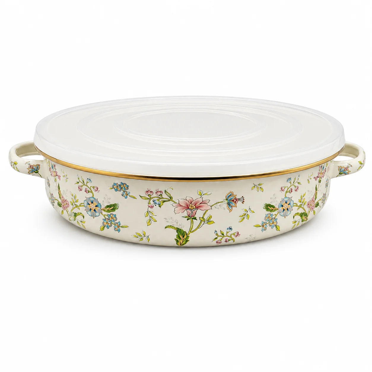 11 Inch Enamel Pie Pan Vintage Floral Non-Stick Baking Dish w/Lid