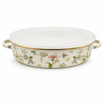 11 Inch Enamel Pie Pan Vintage Floral Non-Stick Baking Dish w/Lid