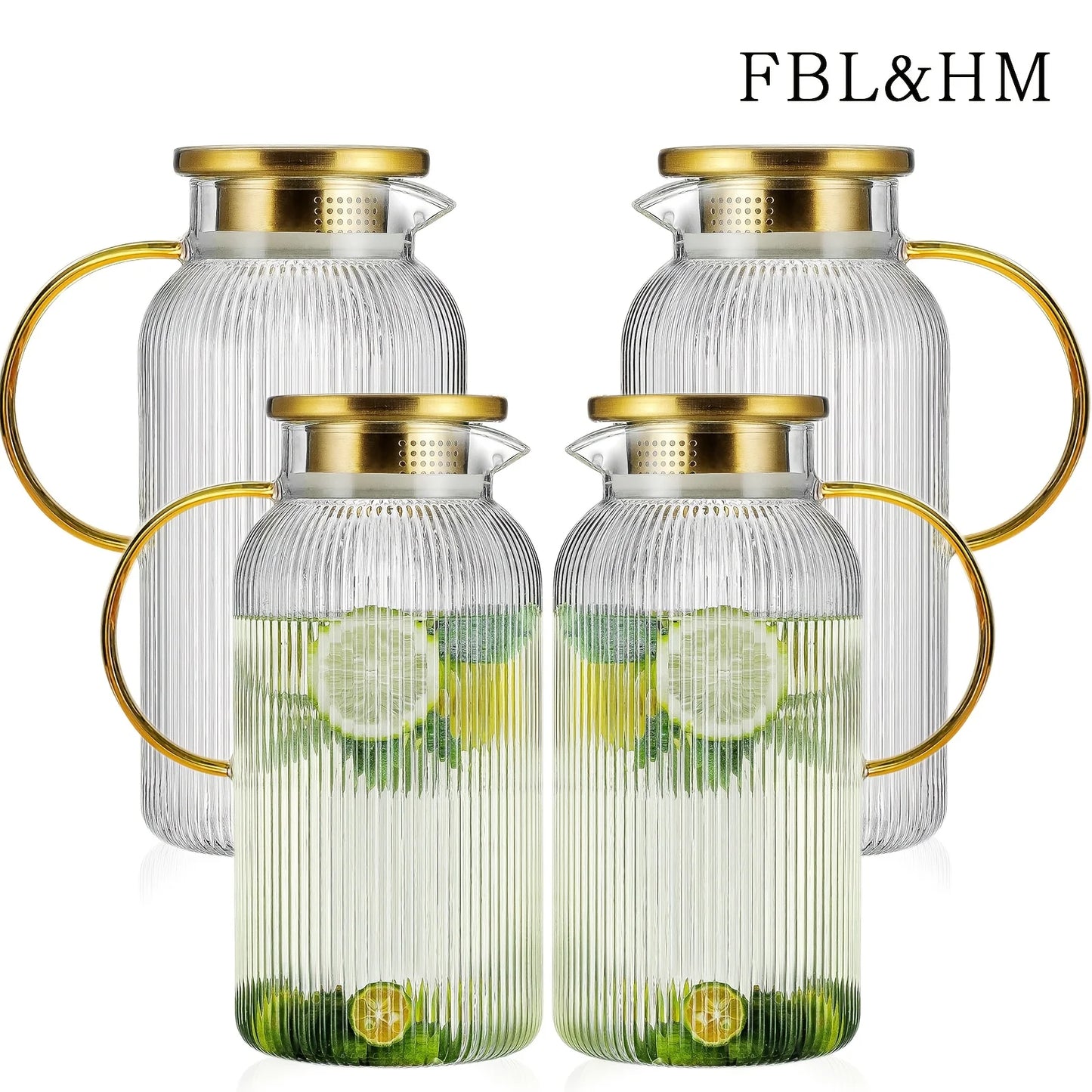 2/4pk Glass Pitcher 68 Oz/2 Liter Classic Vertical Stripes w/Lid
