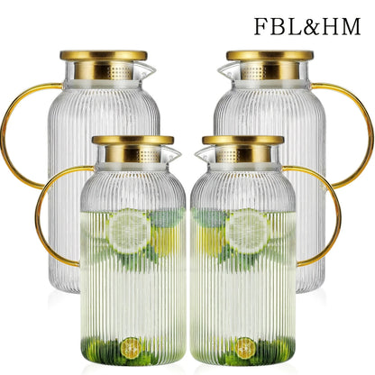 2/4pk Glass Pitcher 68 Oz/2 Liter Classic Vertical Stripes w/Lid