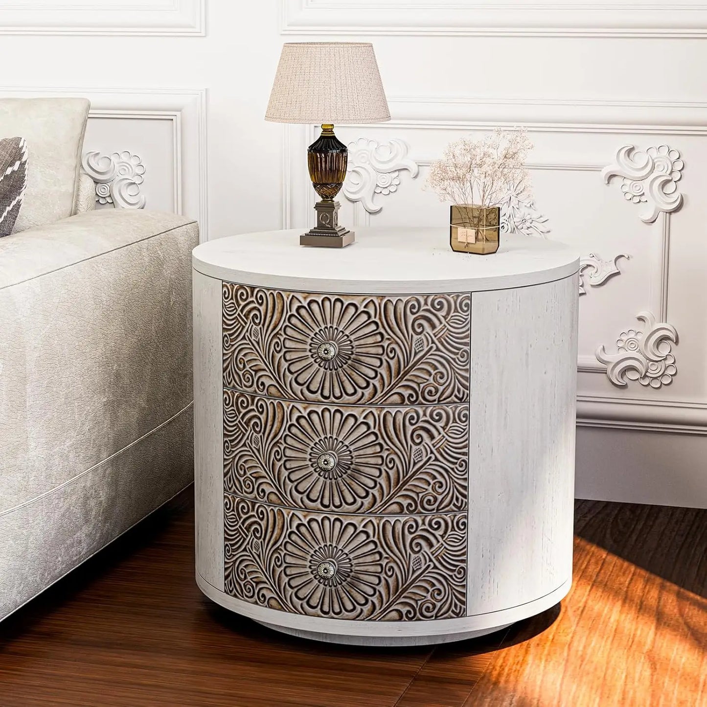 Flower Motif Nightstand w/Drawer & Storage, Fully-Assembled