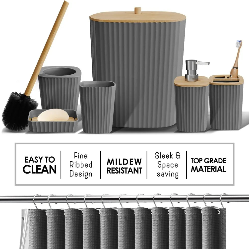 27pc Grey Bathroom Set w/Shower Caddy, Rugs, Curtain, and Accessories